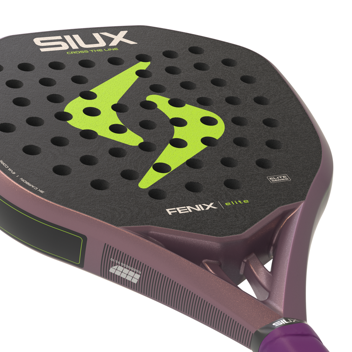 Close-up of the Siux Fenix Elite racket face showing the textured black surface, lime green design and perforations.