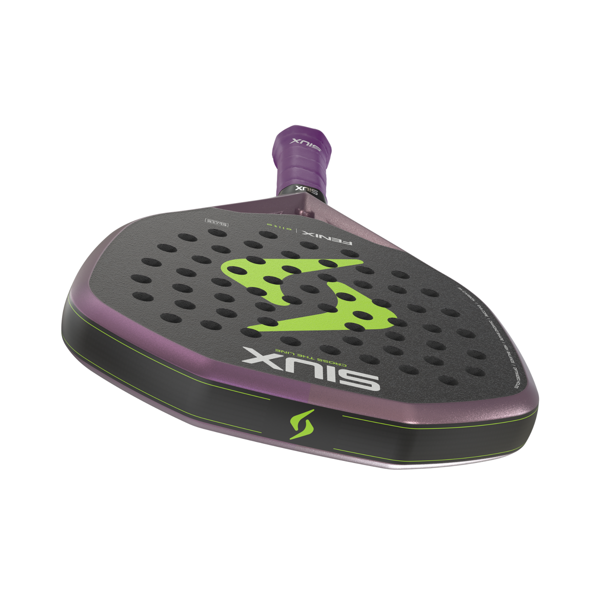 Angled view of the Siux Fenix Elite padel racket showing the top frame, black surface and lime green details.