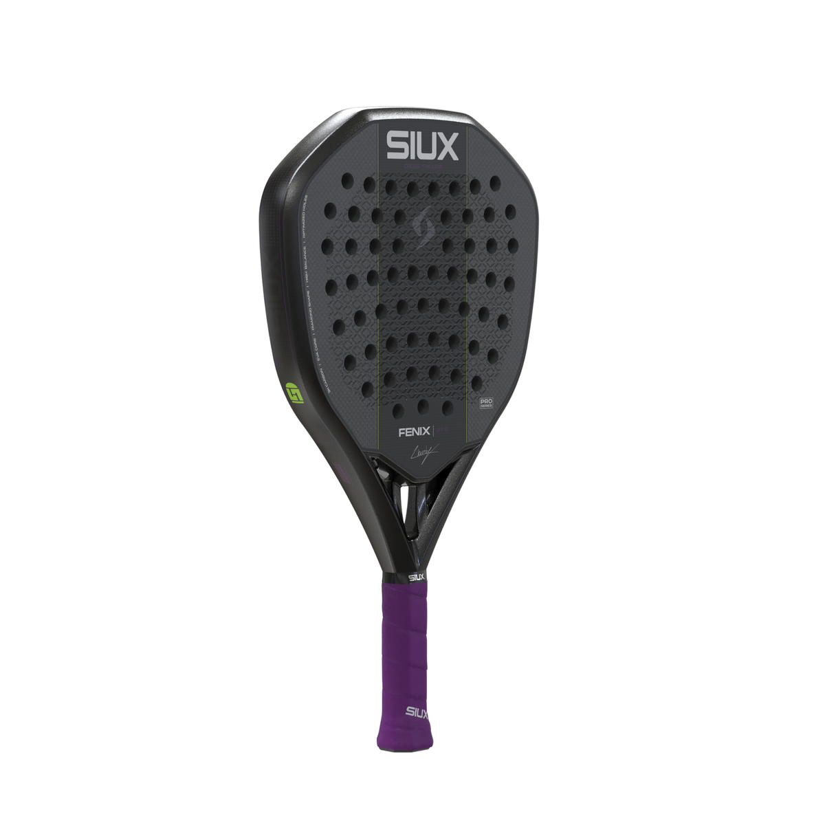 Angled front view of the Siux Fenix Pro padel racket showing the racket face and frame.