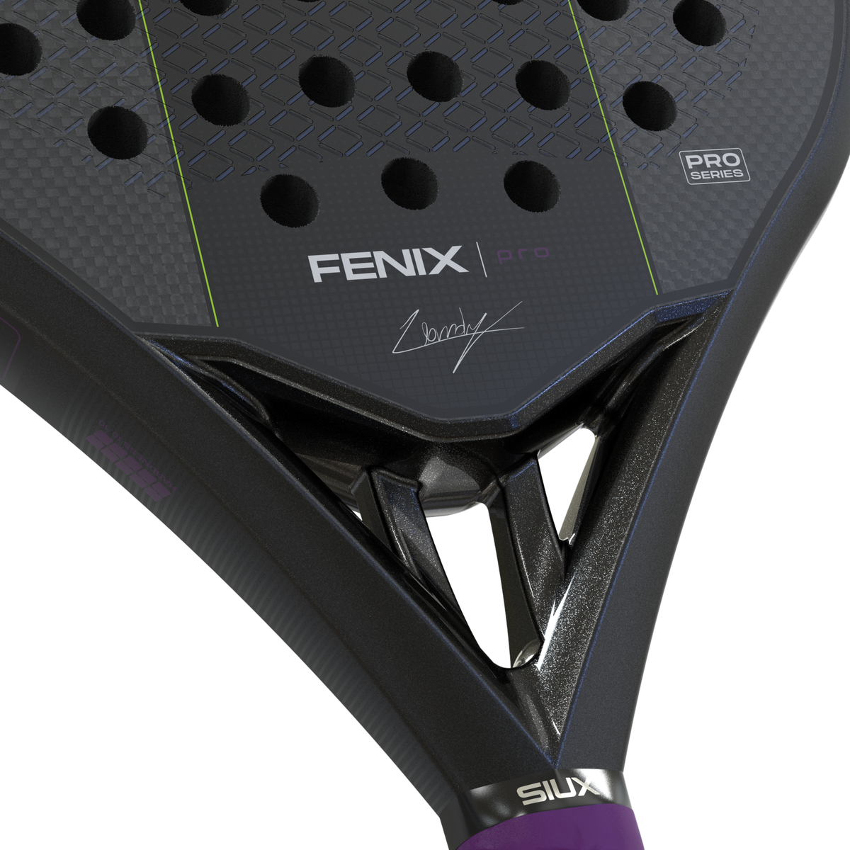 Close-up of the Siux Fenix Pro padel racket showing the bridge construction, Fenix Pro branding and purple grip.