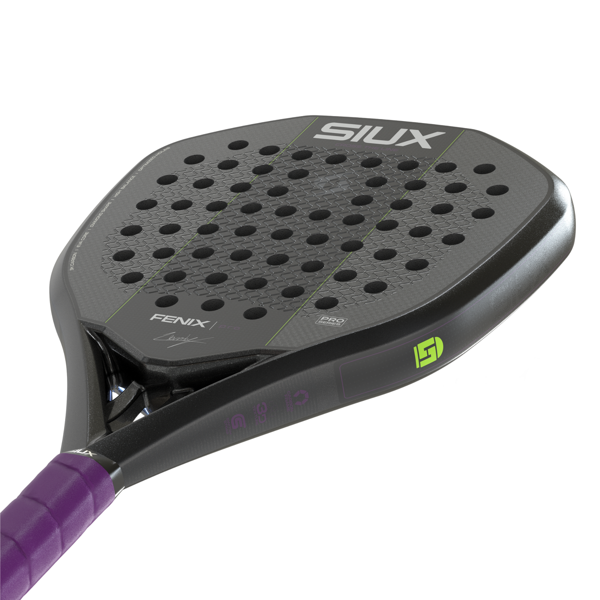 Close angled view of the Siux Fenix Pro padel racket highlighting the frame, surface texture and green side detail.
