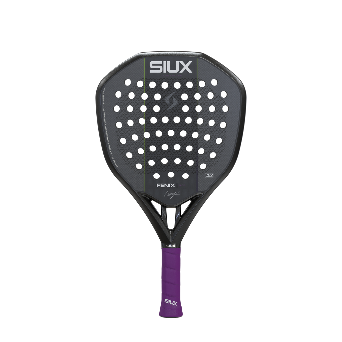 Front view of the Siux Fenix Pro padel racket featuring a black surface and purple grip.
