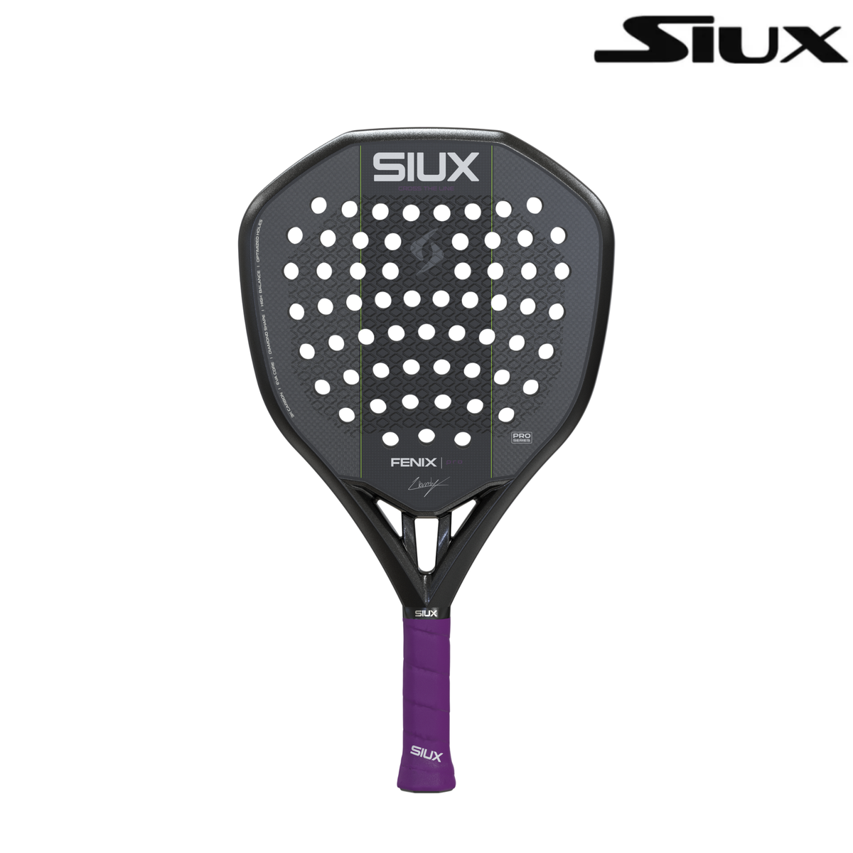 Front view of the Siux Fenix Pro padel racket with Siux logo, black design and purple grip.
