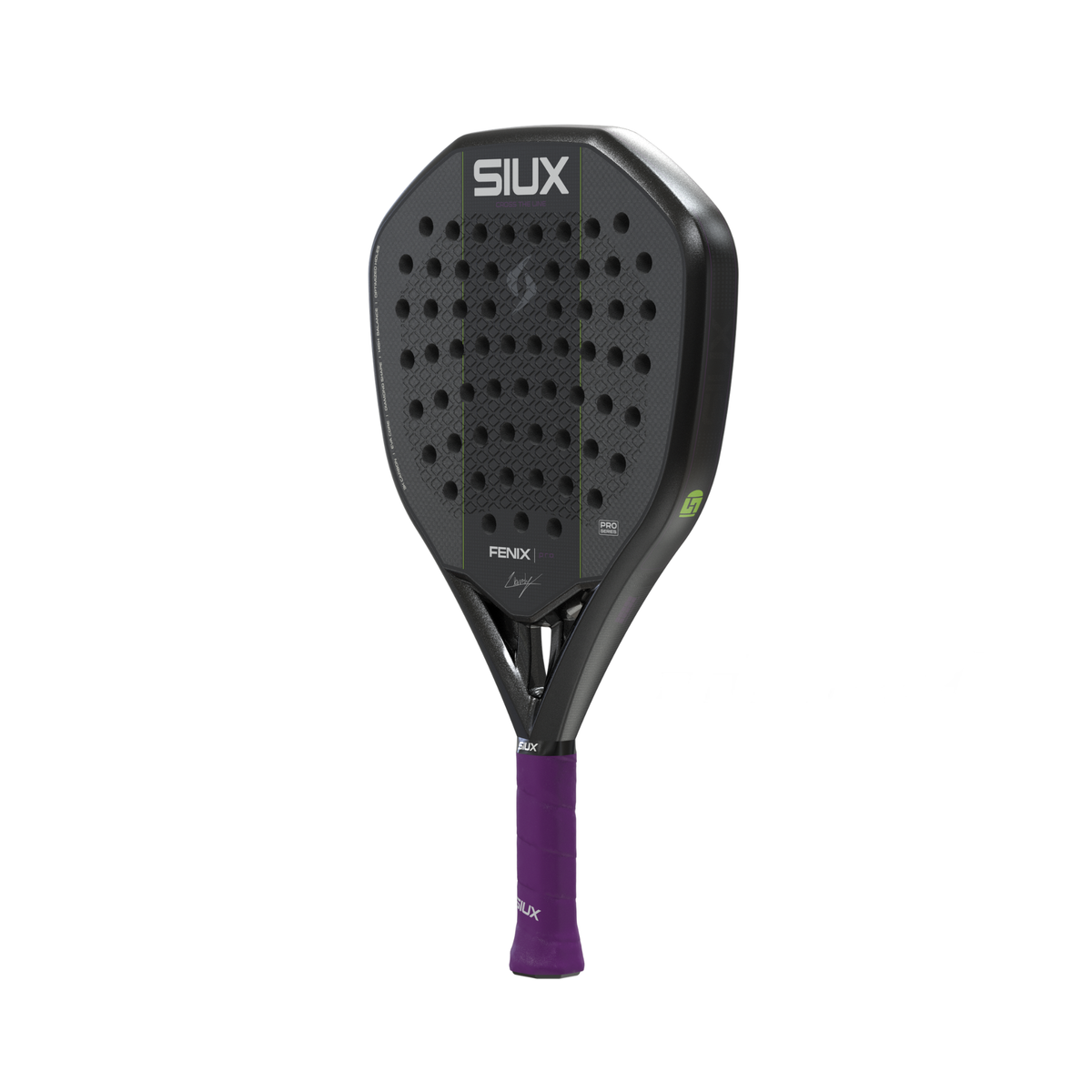 Full angled view of the Siux Fenix Pro padel racket showing the black design, frame thickness and purple grip.