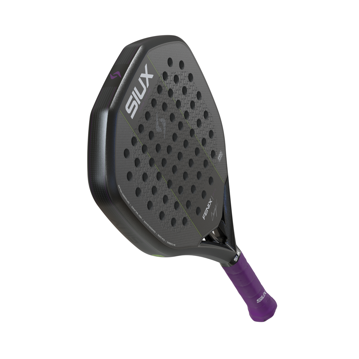 Left angled view of the Siux Fenix Pro padel racket highlighting the black frame and textured face.