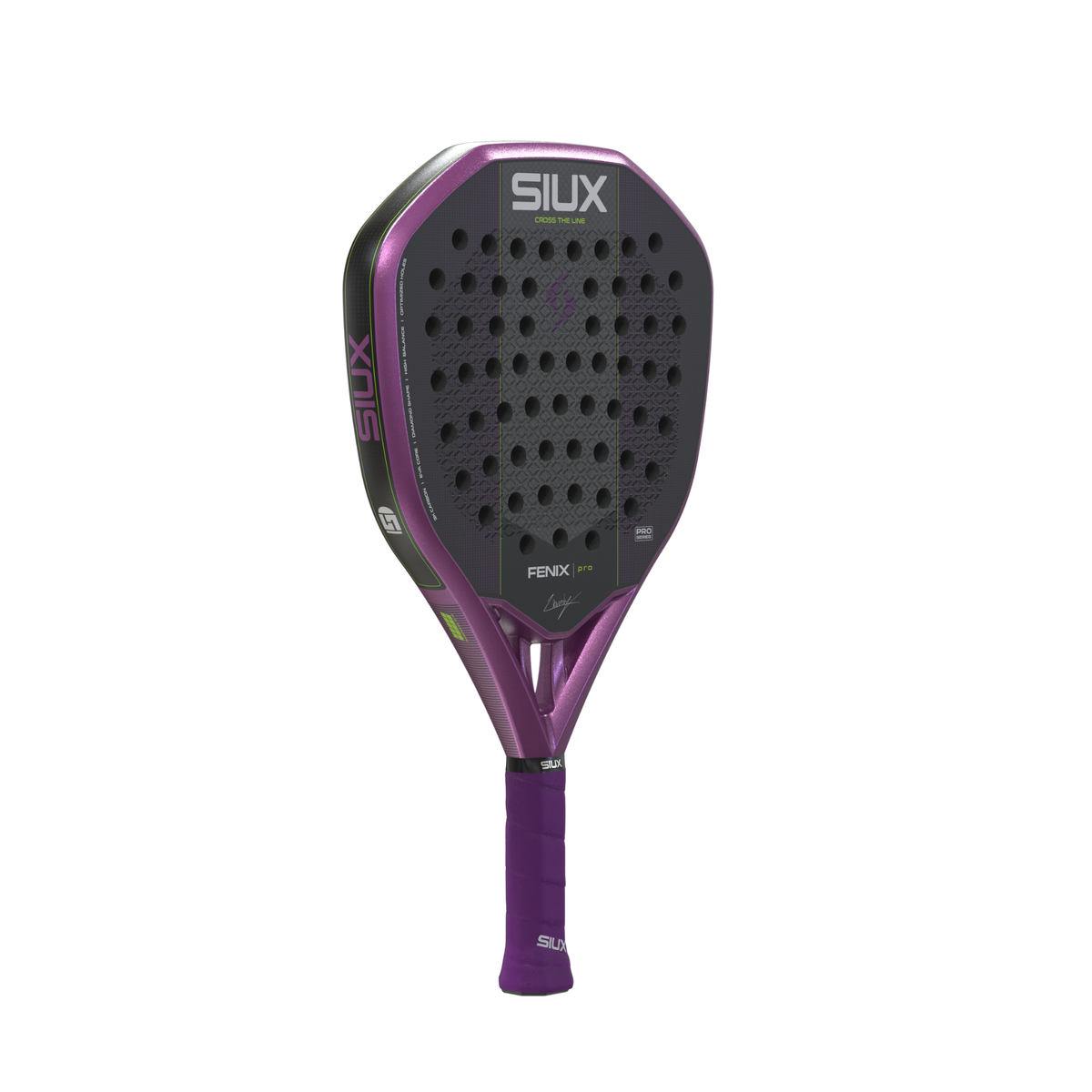 Angled front view of the purple Siux Fenix Pro padel racket showing the face and side frame.