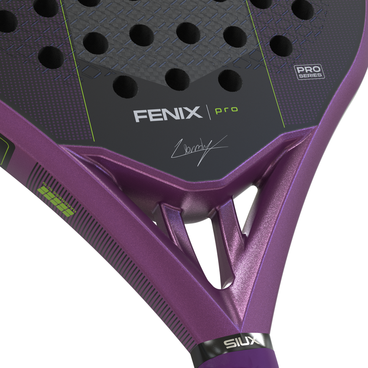Close-up of the bridge and Fenix Pro branding on the purple Siux padel racket.