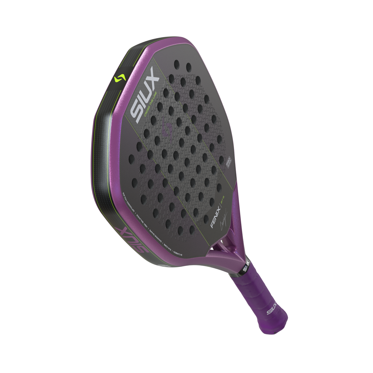 Diagonal view of the purple Siux Fenix Pro padel racket showing the grip and racket face.