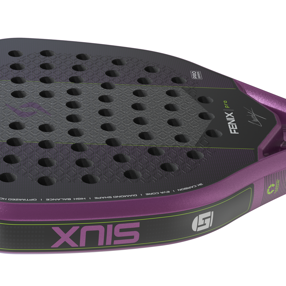 Close-up of the purple Siux Fenix Pro showing the black side frame and purple finish.