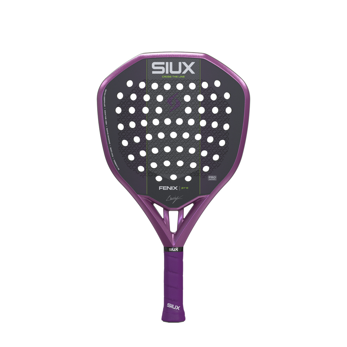 Front view of the purple Siux Fenix Pro padel racket with a black racket face