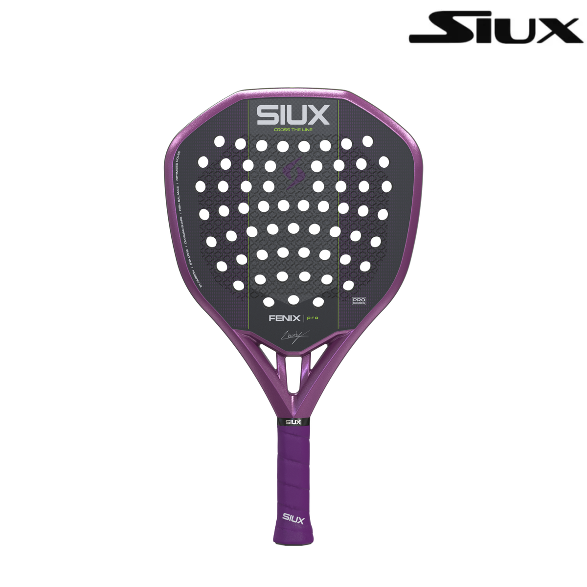 Front view of the purple Siux Fenix Pro padel racket with Siux logo.