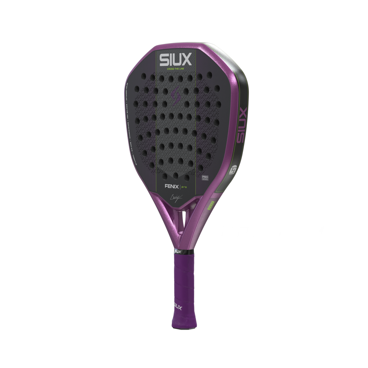 Full angled view of the purple Siux Fenix Pro padel racket with a black face and matching grip.