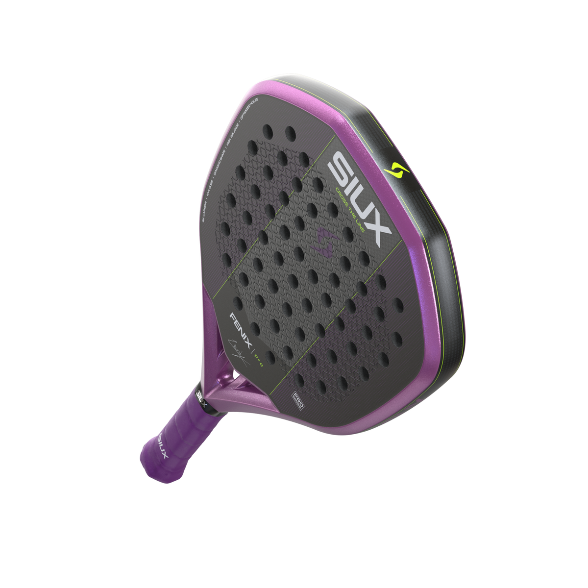 Opposite angled view of the purple Siux Fenix Pro showing the racket face and frame thickness.
