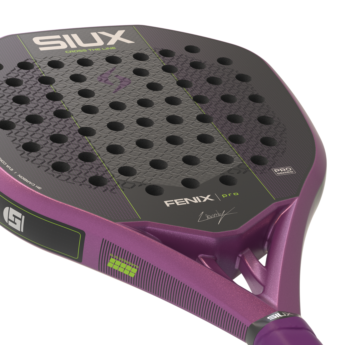 Close-up of the textured racket face and hole pattern of the purple Siux Fenix Pro.