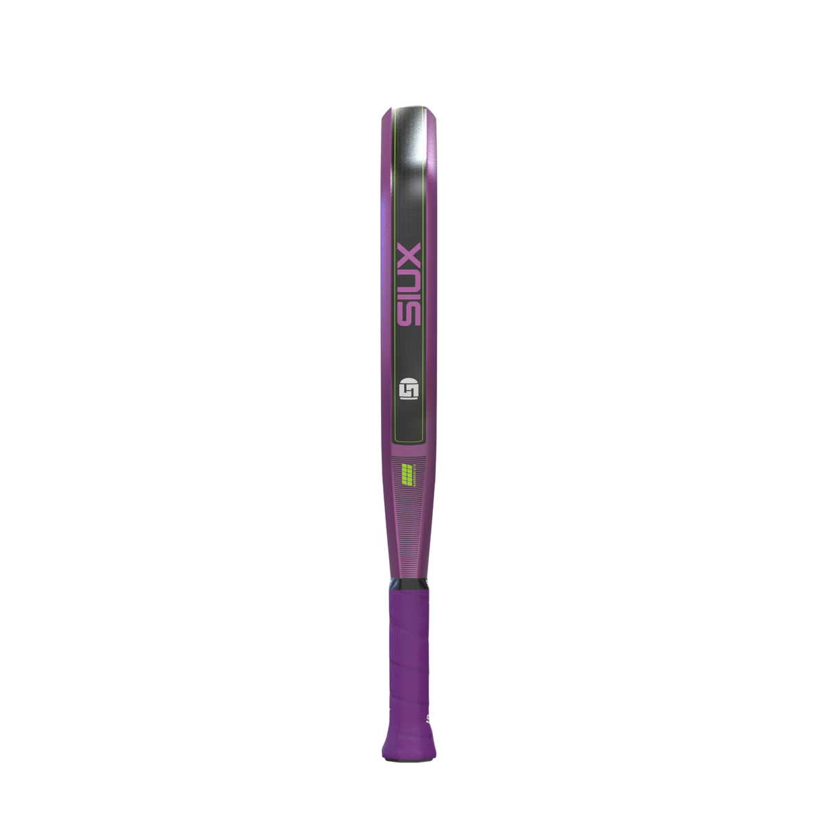 Side view of the purple Siux Fenix Pro padel racket showing the frame thickness and grip.