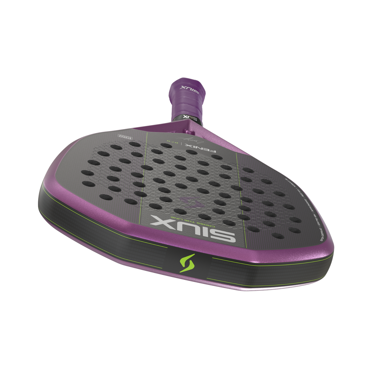 Low-angle view of the purple Siux Fenix Pro showing the racket face and top frame.
