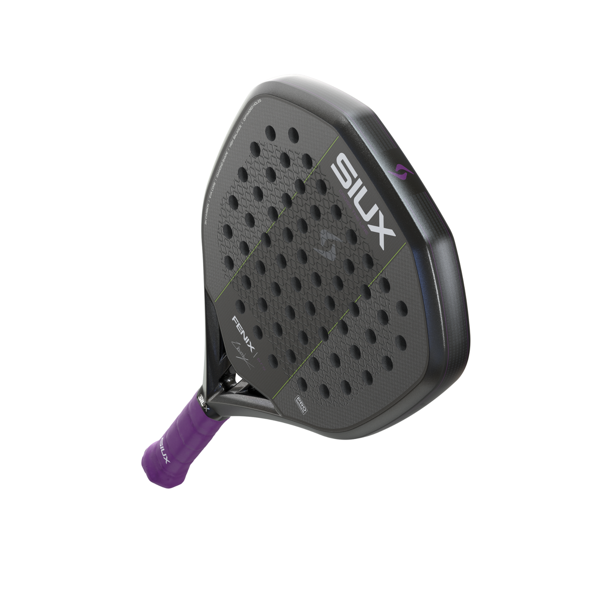 Right angled view of the Siux Fenix Pro padel racket showing the textured face, frame and purple grip.