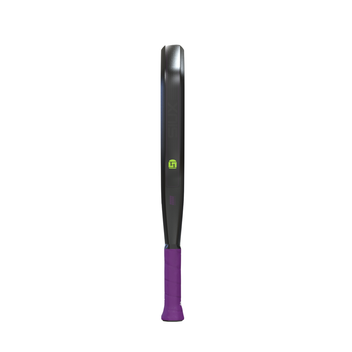 Side view of the Siux Fenix Pro padel racket showing the frame thickness and purple grip.
