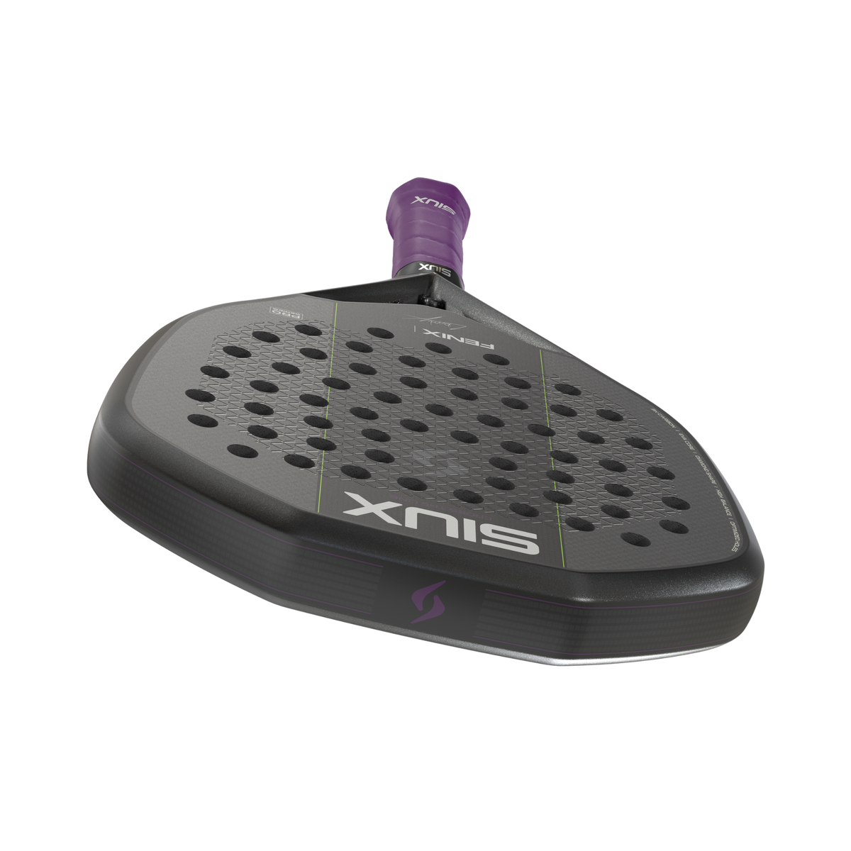 Angled view of the Siux Fenix Pro padel racket showing the top frame, racket face and purple grip.