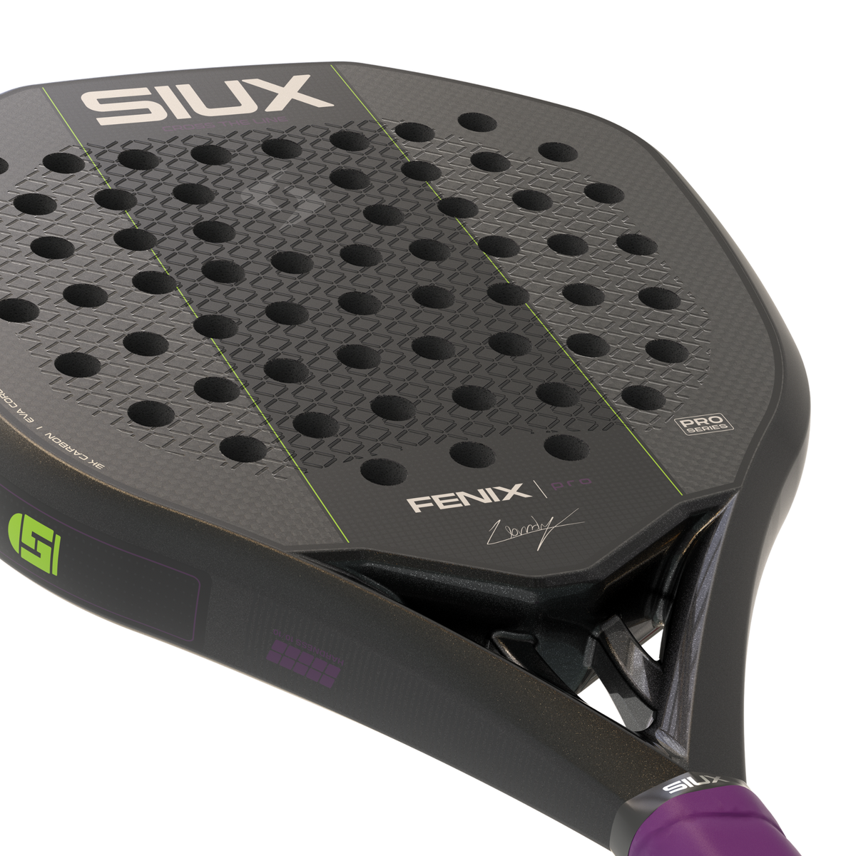 Close-up of the upper racket face showing the Siux logo, textured surface and perforation pattern.