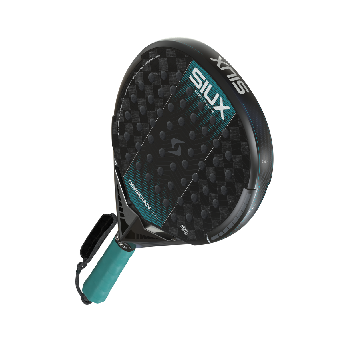 Alternative angled view of the Siux Obsidian Pro padel racket highlighting its frame and racket face.