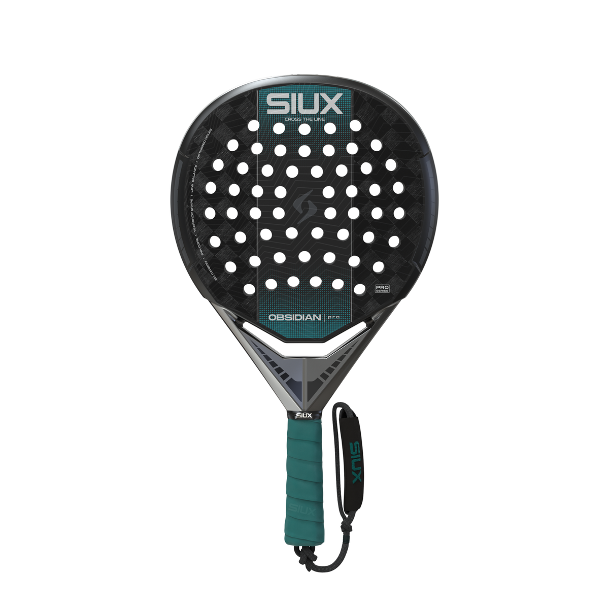 Front view of the Siux Obsidian Pro padel racket featuring a black racket face and turquoise grip.