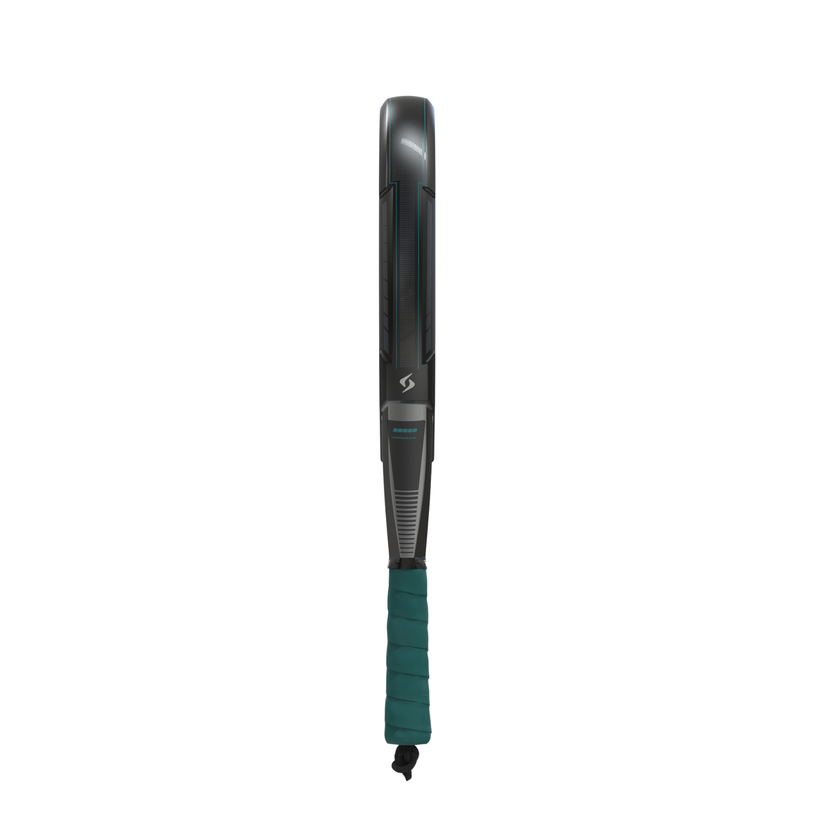 Side view of the Siux Obsidian Pro padel racket showing the frame thickness and turquoise grip.