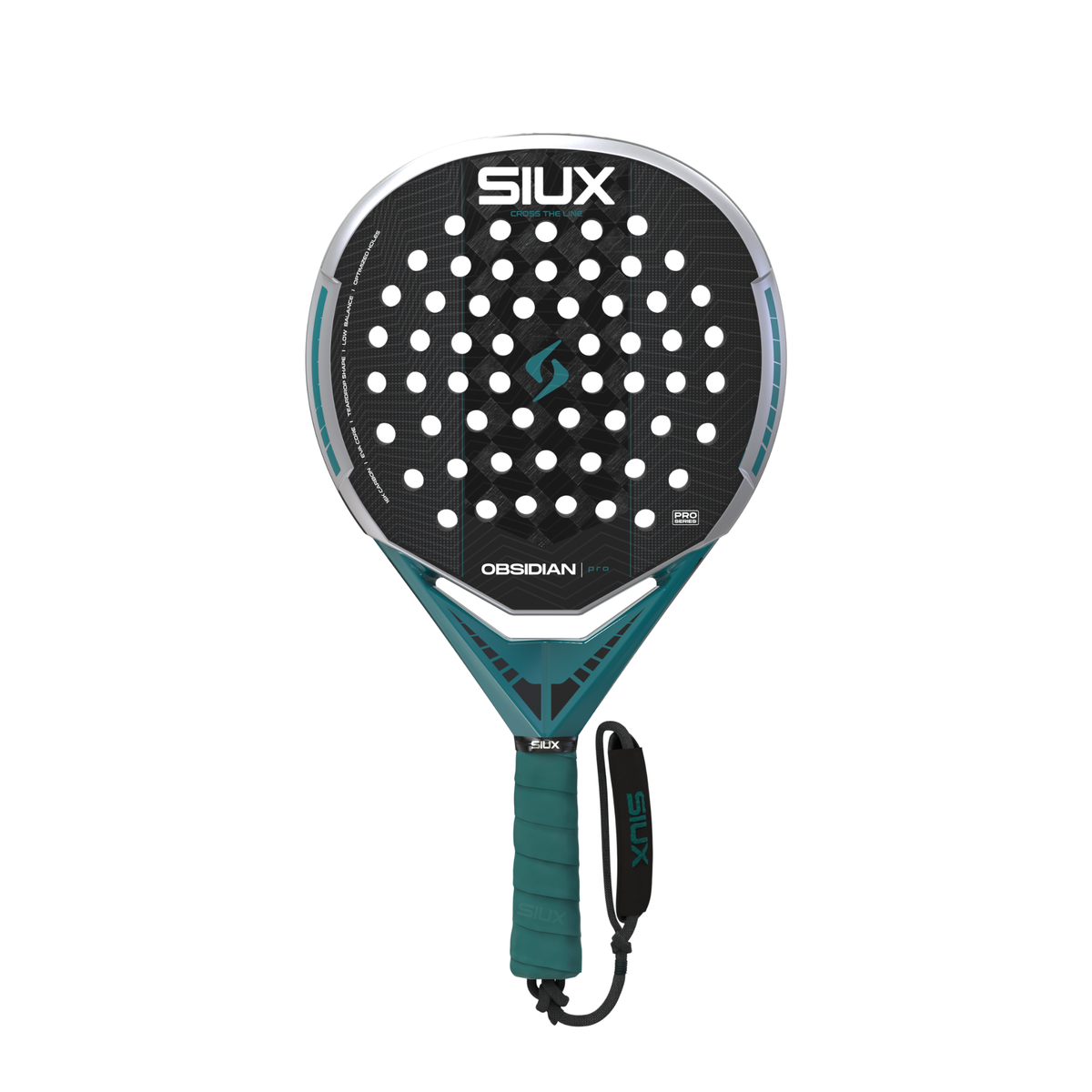 Front view of the Siux Obsidian Pro Silver Turquoise padel racket without external logo.