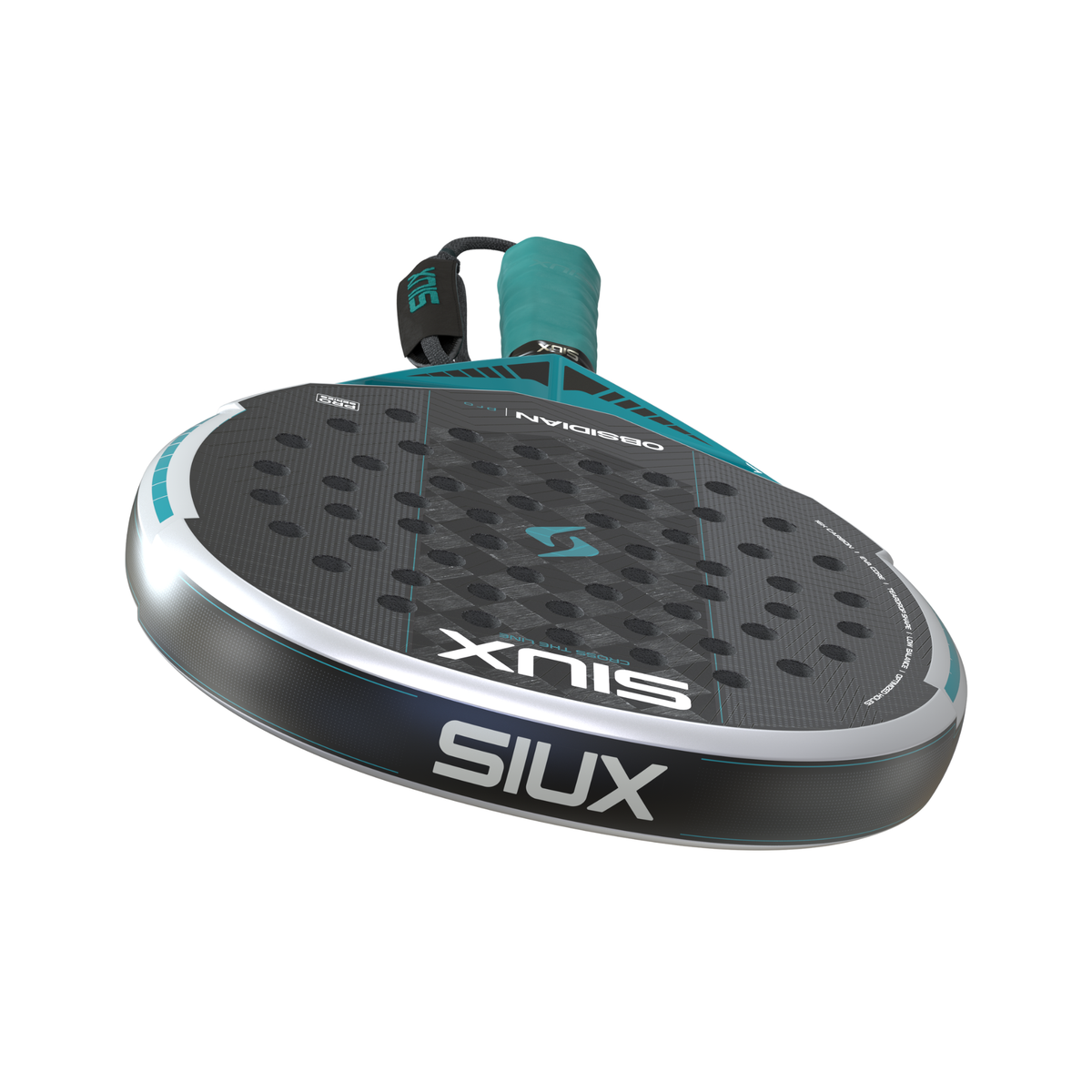Angled close-up of the black racket face, silver frame and Siux branding.
