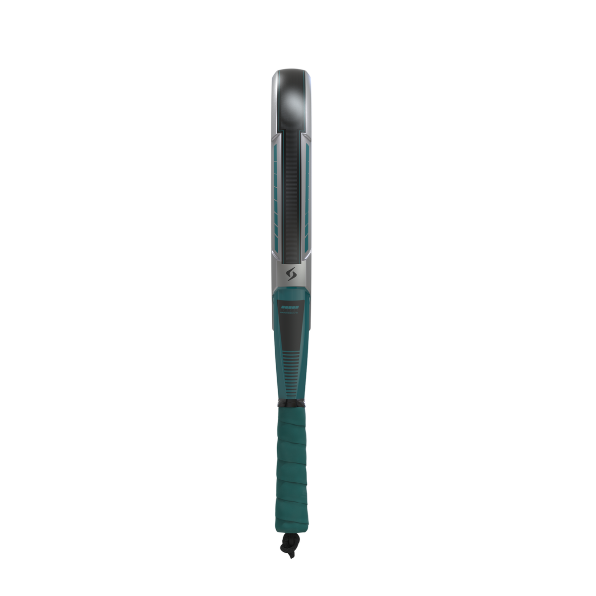 Side view showing the frame thickness and turquoise grip of the Siux Obsidian Pro Silver Turquoise padel racket.