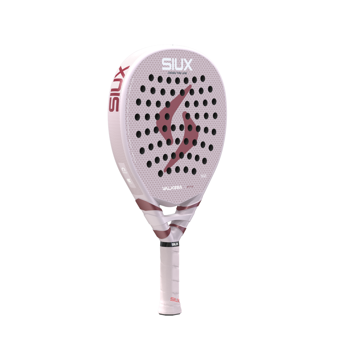 Angled front view of the Siux Valkiria Elite padel racket showing the racket face and frame.