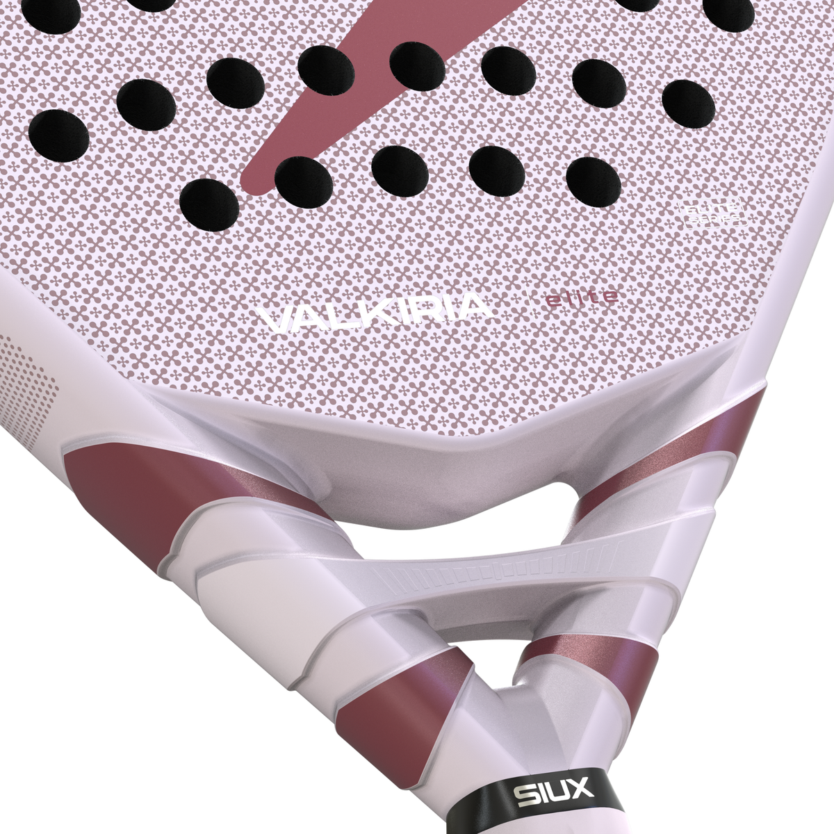 Close-up of the Siux Valkiria Elite racket bridge and lower face with pink and burgundy details.