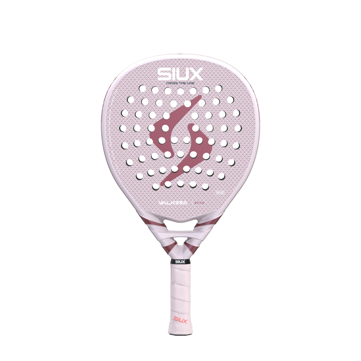 Front view of the Siux Valkiria Elite padel racket featuring its pink design and burgundy details.