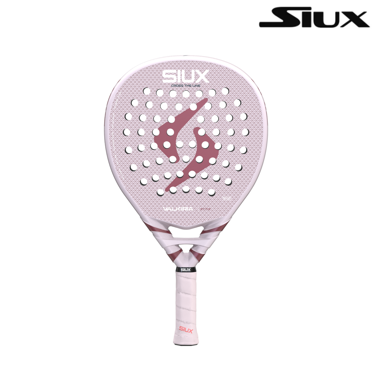 Front view of the Siux Valkiria Elite padel racket in pink and burgundy with Siux logo.