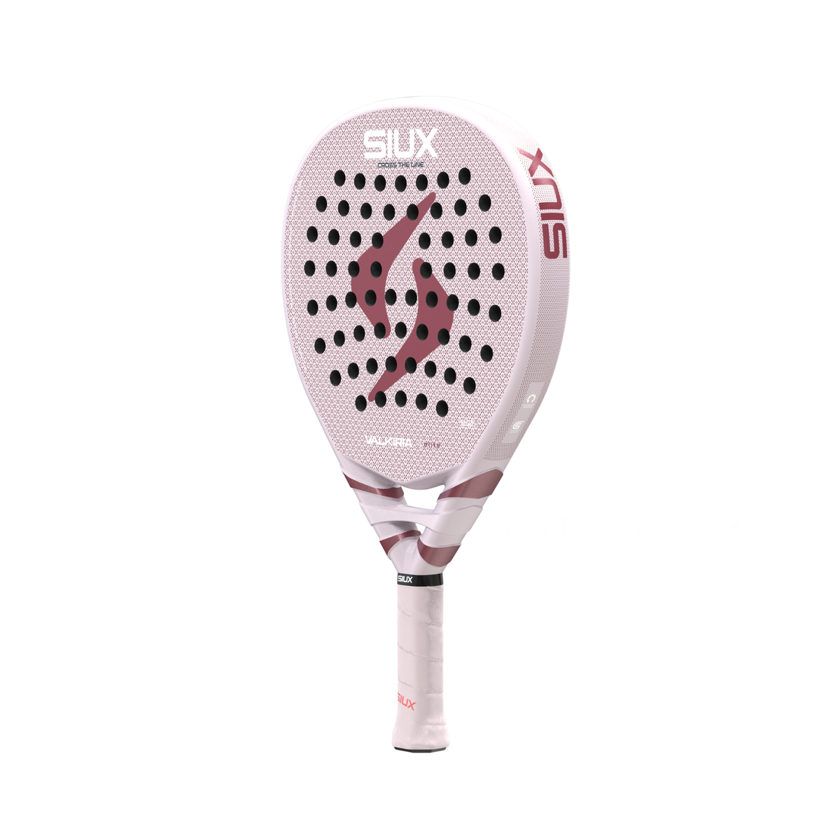 Full angled view of the Siux Valkiria Elite padel racket featuring its pink and burgundy design.
