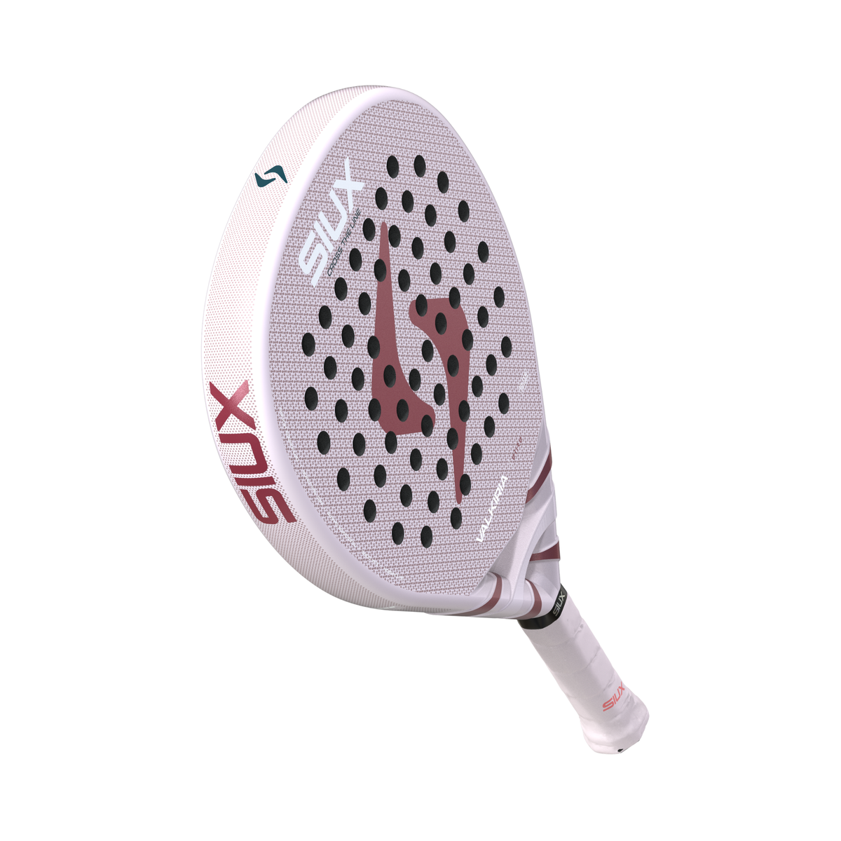 Angled side view of the Siux Valkiria Elite padel racket highlighting its frame and design.