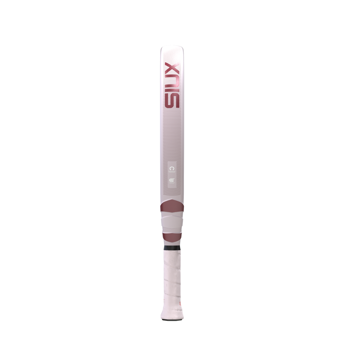 Side view of the Siux Valkiria Elite padel racket showing the frame thickness and Siux branding.