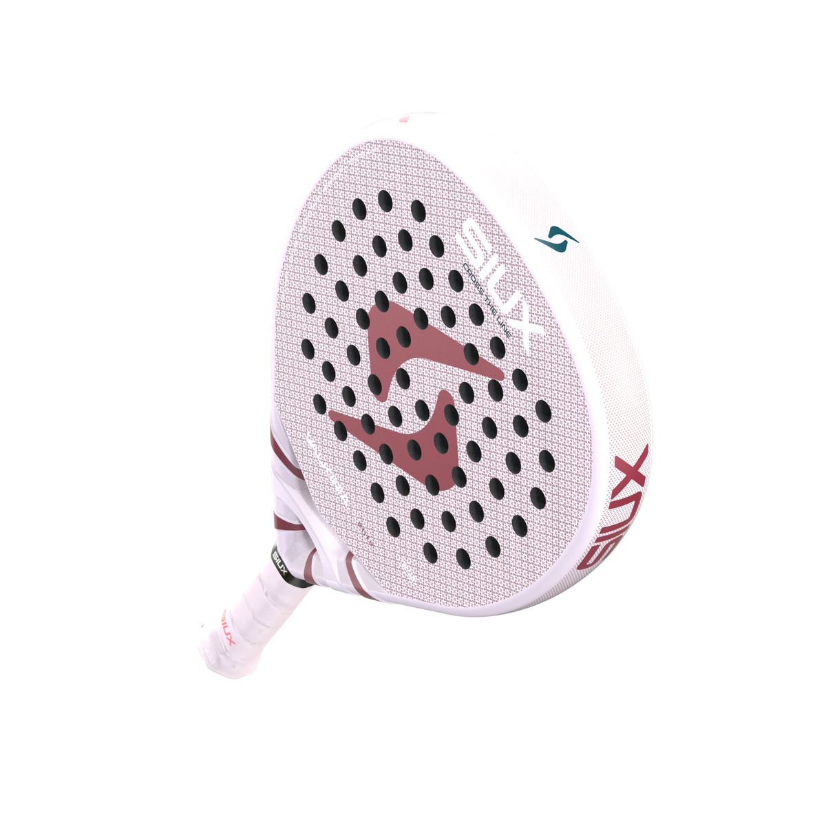 Upper angled view of the Siux Valkiria Elite padel racket showing the perforated face and frame.