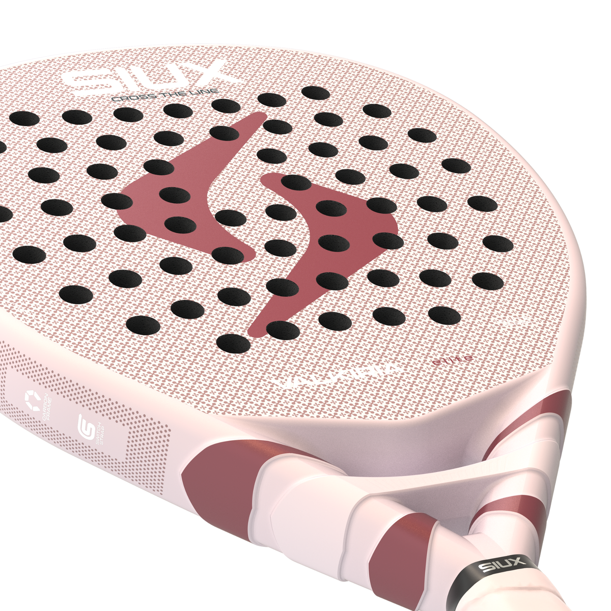 Close-up of the upper racket face showing the Siux logo, perforations and textured surface.