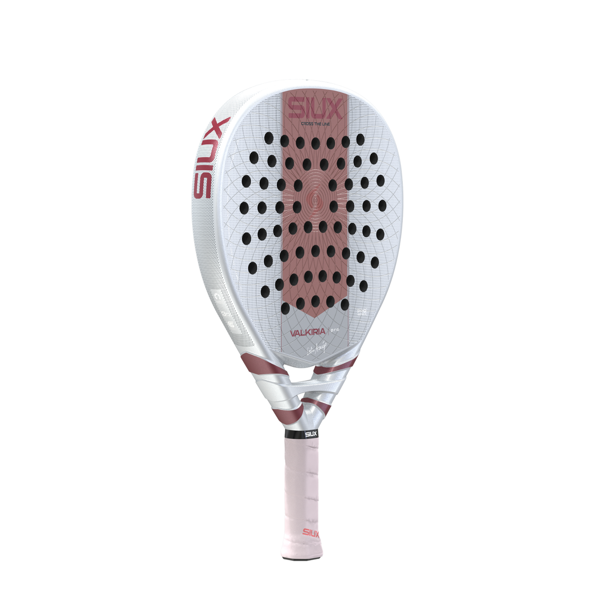 Angled front view of the Siux Valkiria Pro padel racket showing the silver frame and pink racket face.