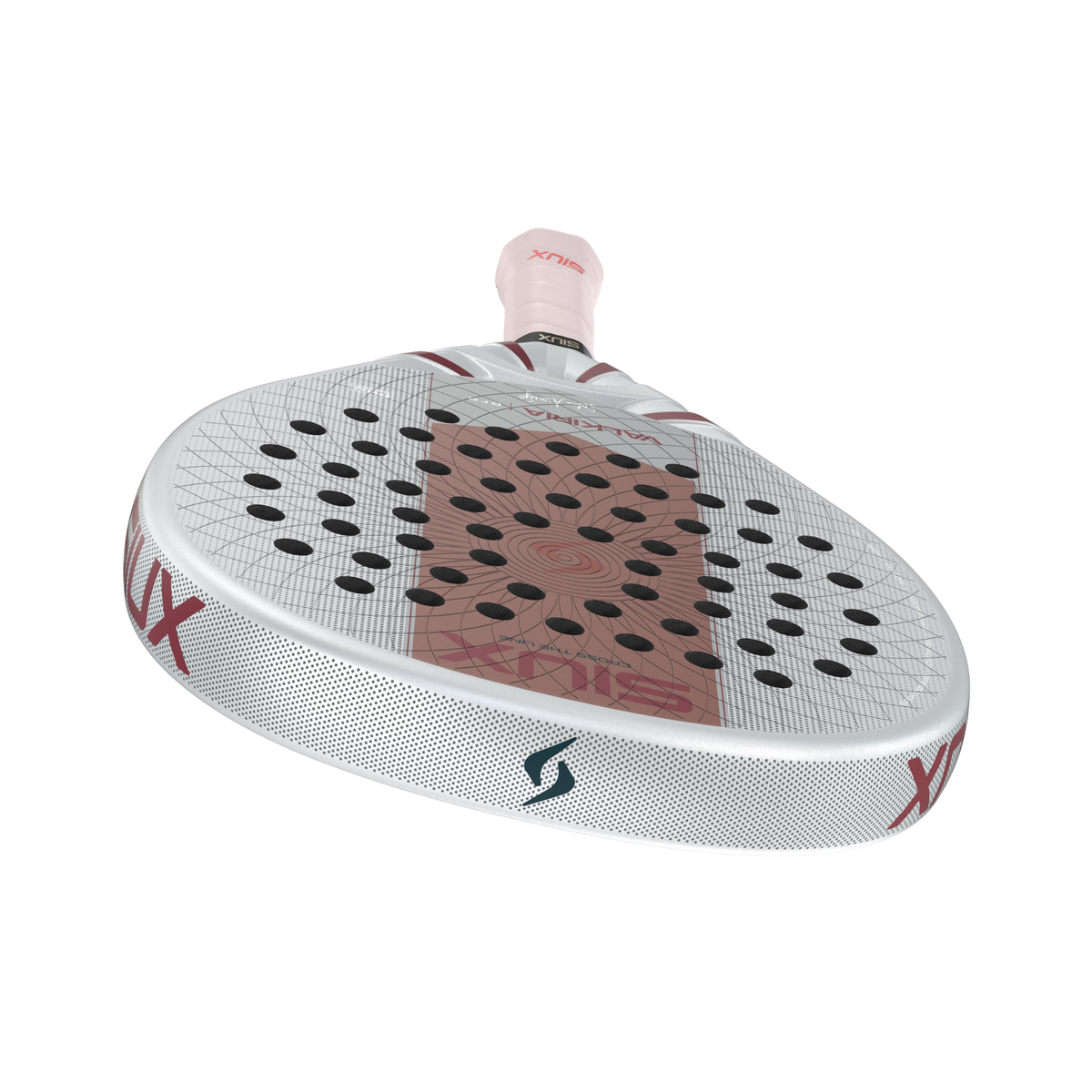 Close-up of the silver and pink bridge of the Siux Valkiria Pro padel racket.