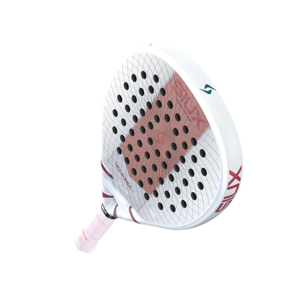 Diagonal view of the Siux Valkiria Pro padel racket showing the silver frame and pink center.