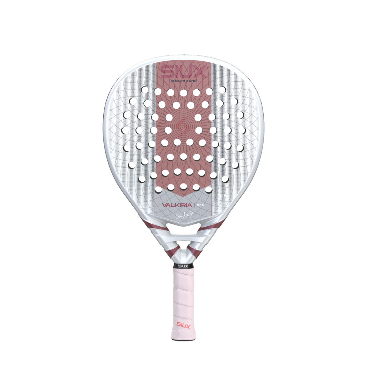 Front view of the Siux Valkiria Pro padel racket featuring a silver frame, pink center and light pink grip.