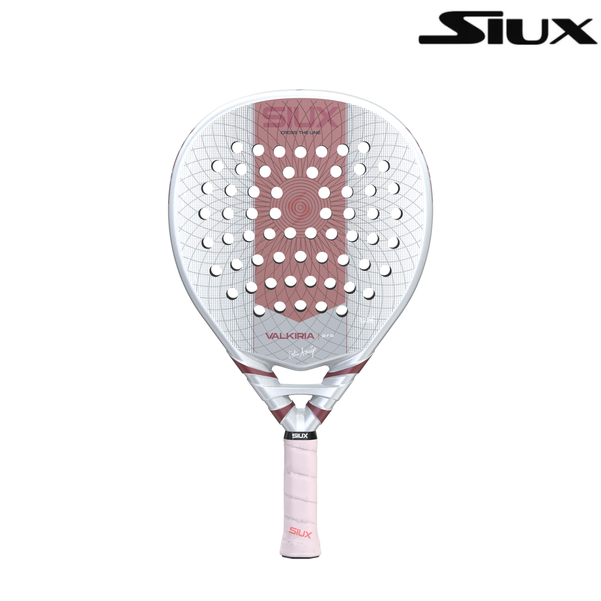 Front view of the Siux Valkiria Pro padel racket with silver and pink design and Siux logo.