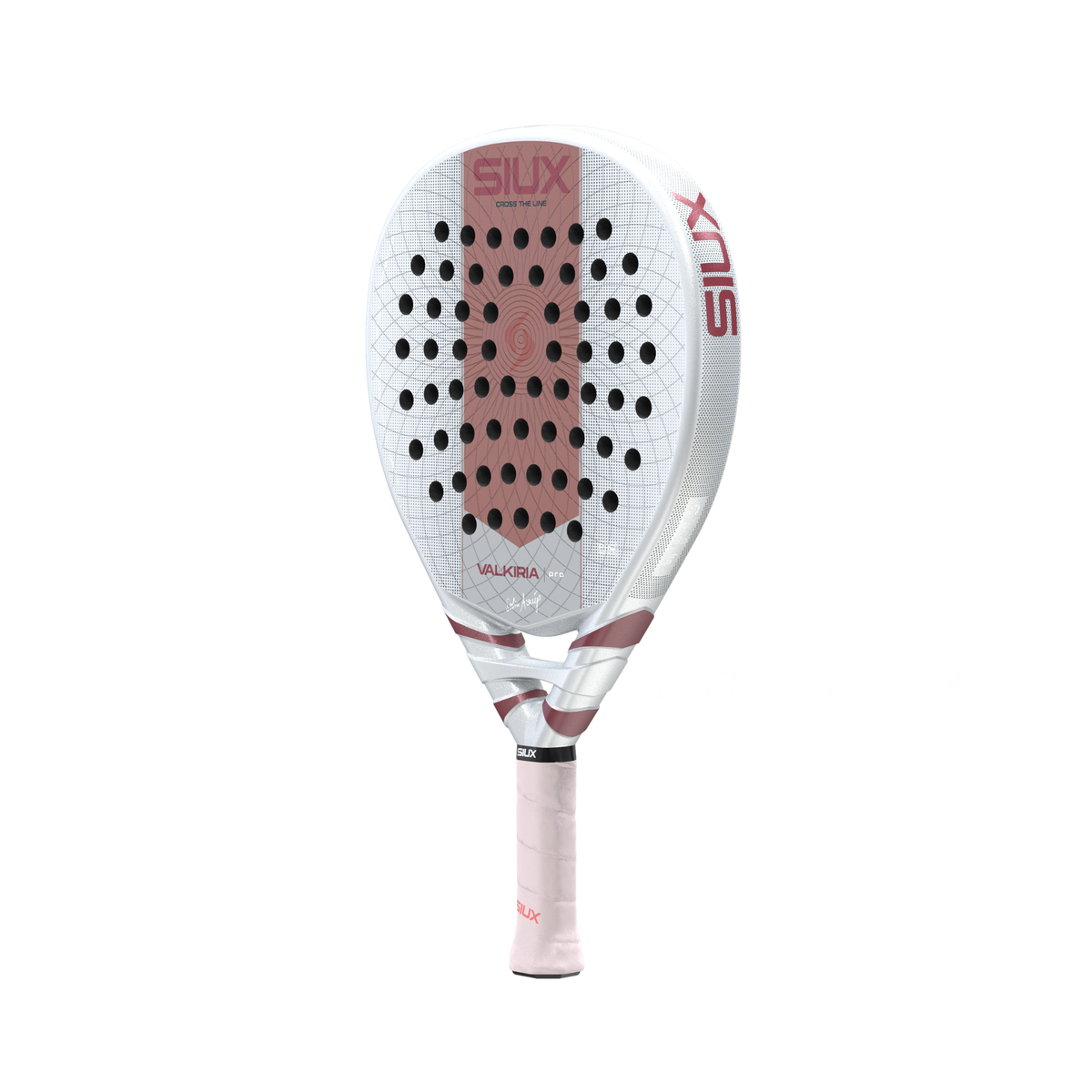 Full angled view of the Siux Valkiria Pro padel racket featuring its silver and pink design and light pink grip.