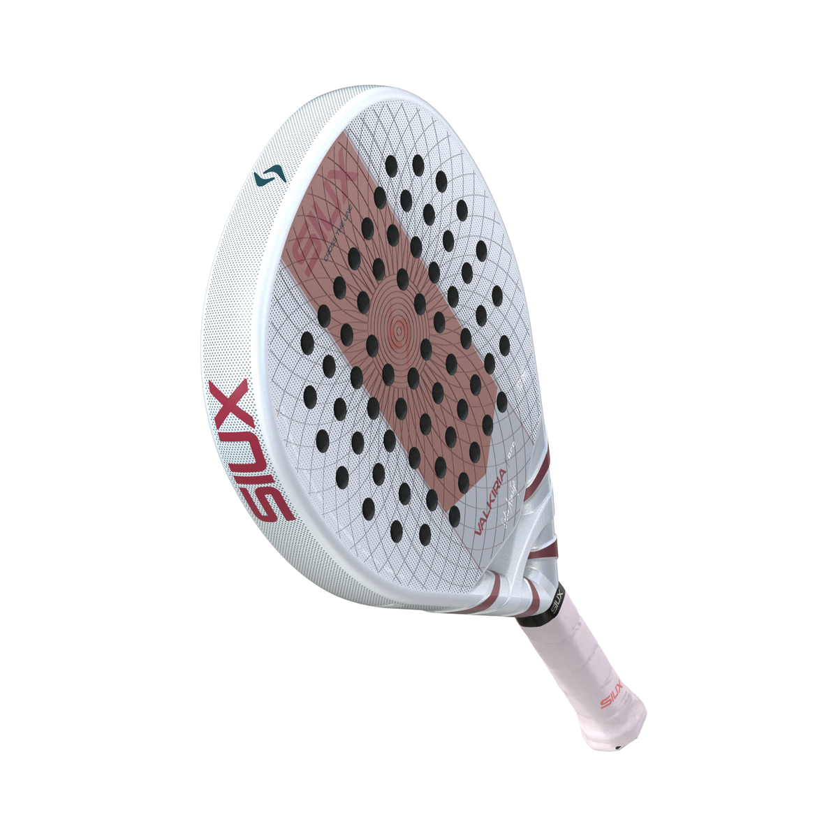 Low-angle view of the Siux Valkiria Pro showing the racket face, silver frame and pink grip.