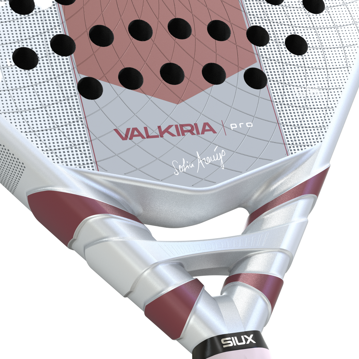 Close-up of the lower racket face showing the Valkiria Pro branding and silver frame.