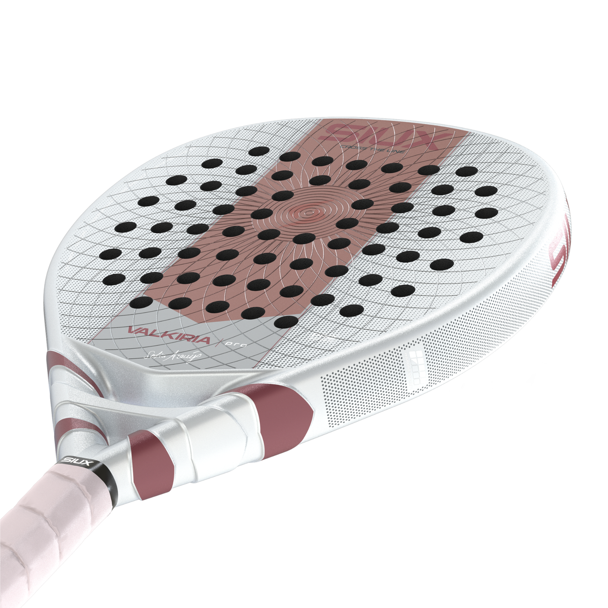 Opposite angled view of the Siux Valkiria Pro showing the racket face and pink Siux branding on the frame.