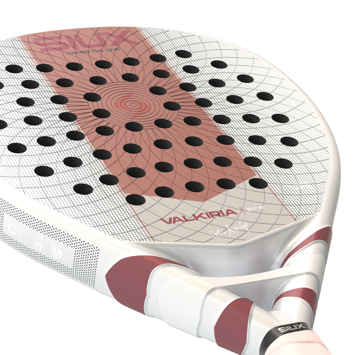 Close-up of the Siux Valkiria Pro racket face showing the pink center, perforations and surface pattern.