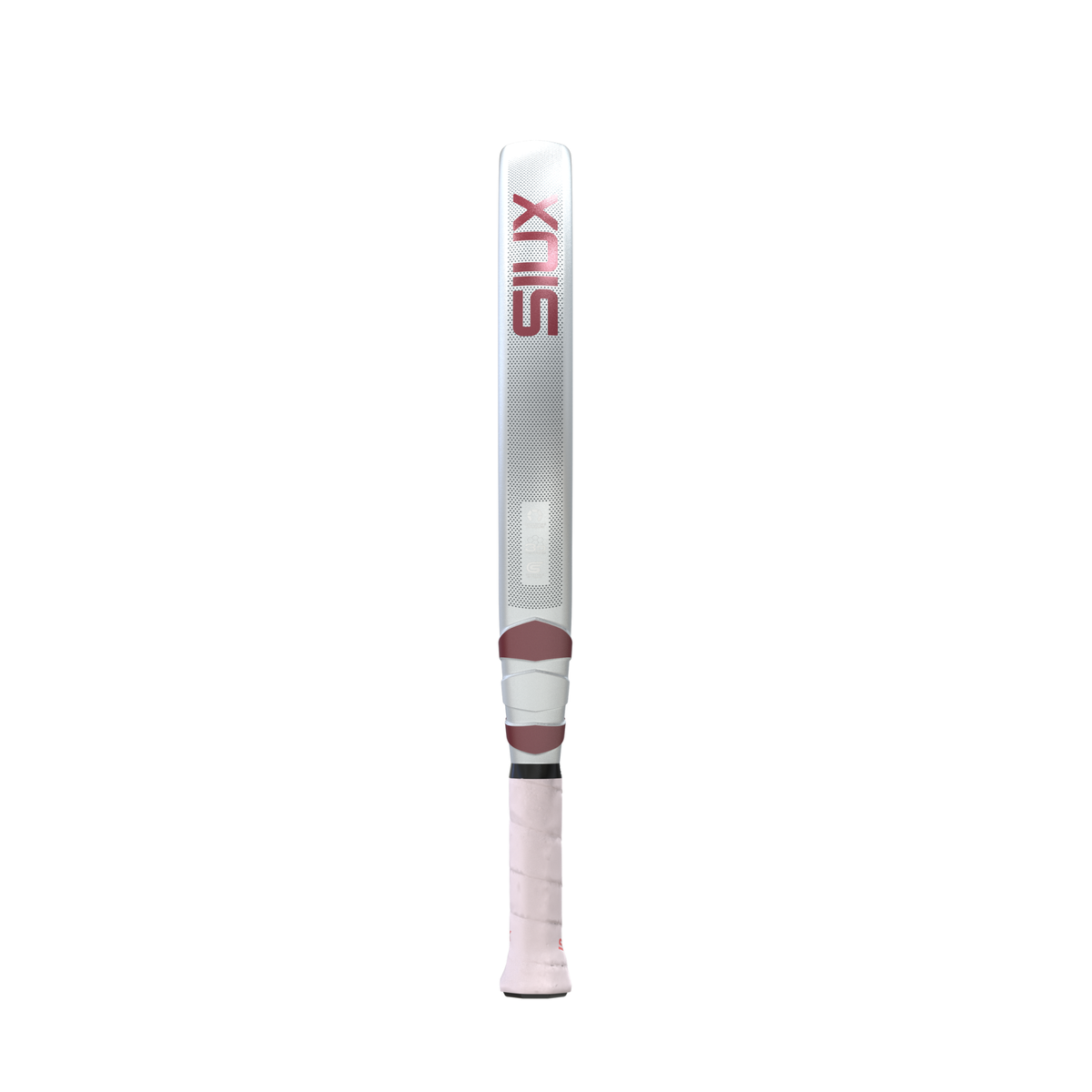 Side view of the Siux Valkiria Pro padel racket showing the silver frame with pink Siux branding.